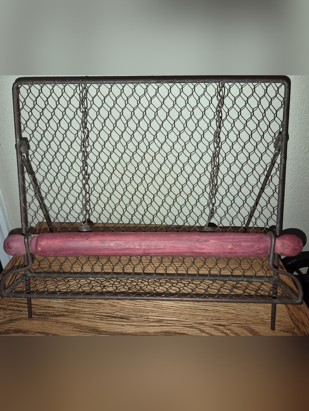 Antique Chicken Wire Cookbook Stand, Red Wooden Bar, Folding Easel